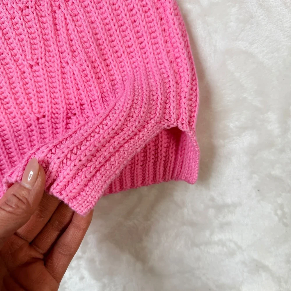 Lauren Ralph Lauren Hot Pink Ribbed Cotton Knit Sweater 3/4 Sleeve Small